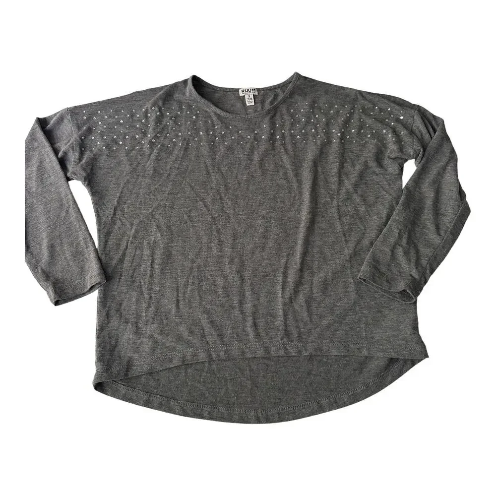 Ruum Gray Long Sleeve Studded Rhinestone Top - Small